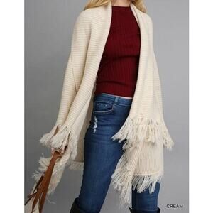 UMGEE Cream Fringe Long Line Cardigan Sweater Open Front Boho Cozy